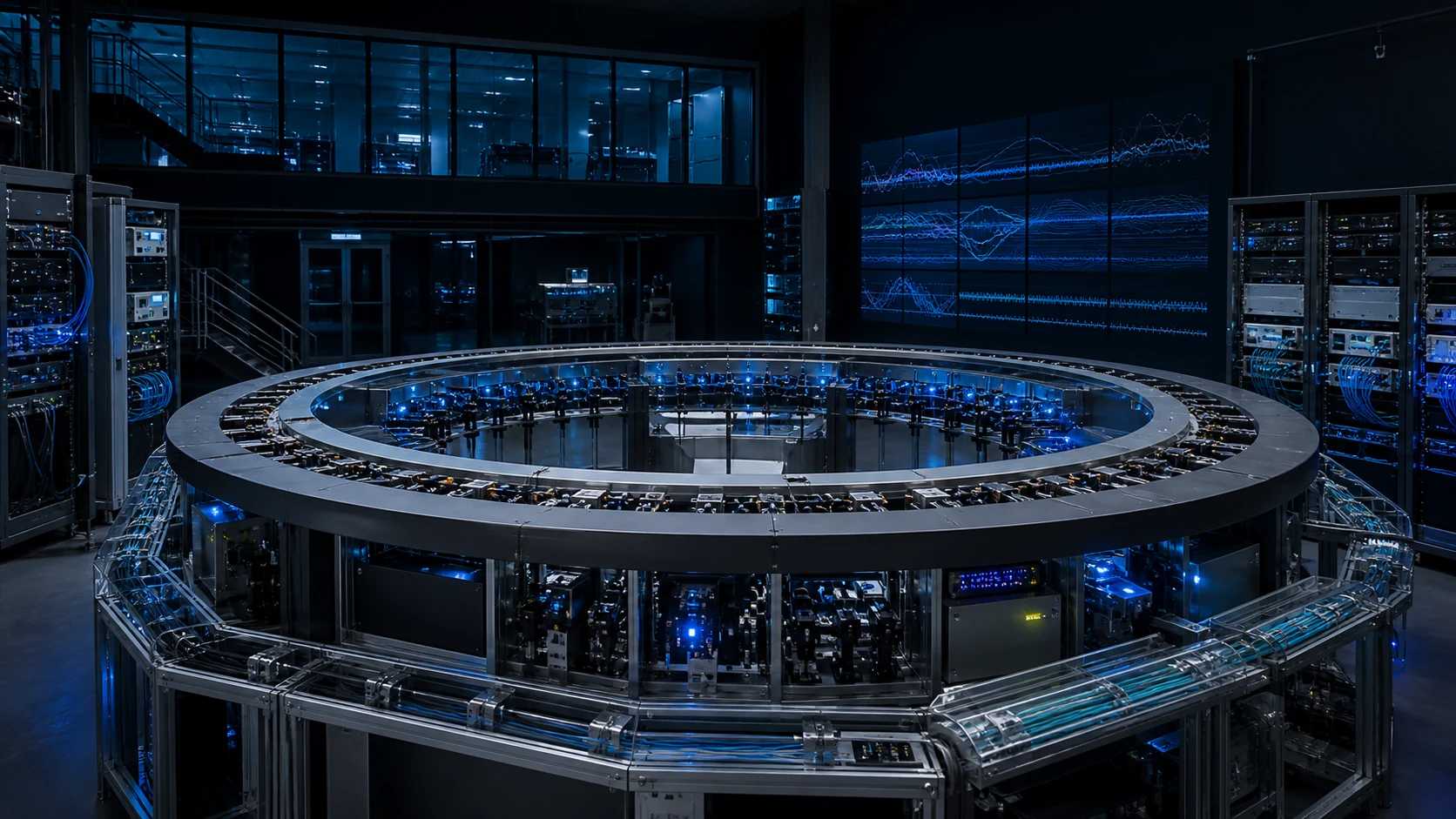 A circular research instrument surrounded by server racks and live signal displays in a dark laboratory.