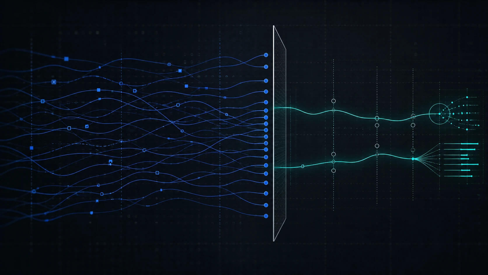 Many behavioral traces converge through a narrow measurement boundary into sparse structural signals.